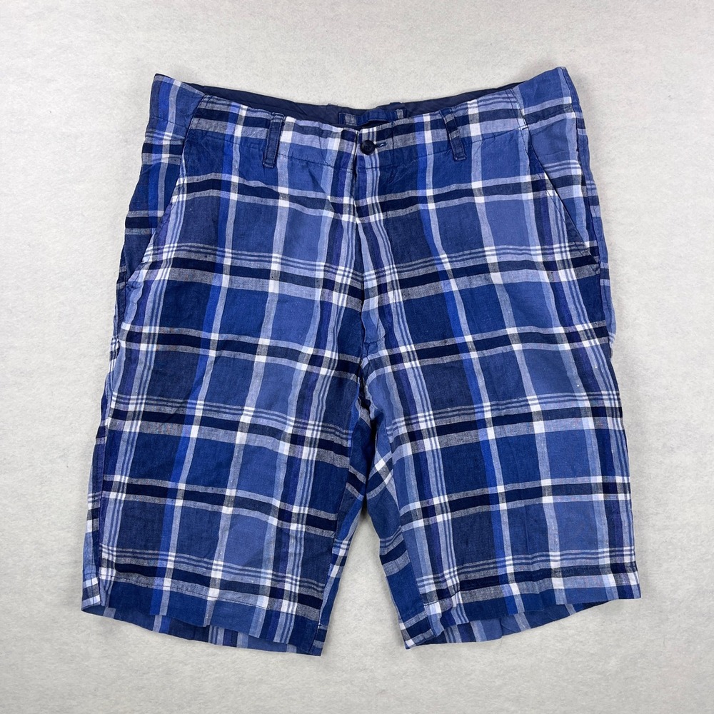 Neiman Marcus Mens Blue Plaid 100% Linen Shorts Size 34 Flat Front Summer Casual